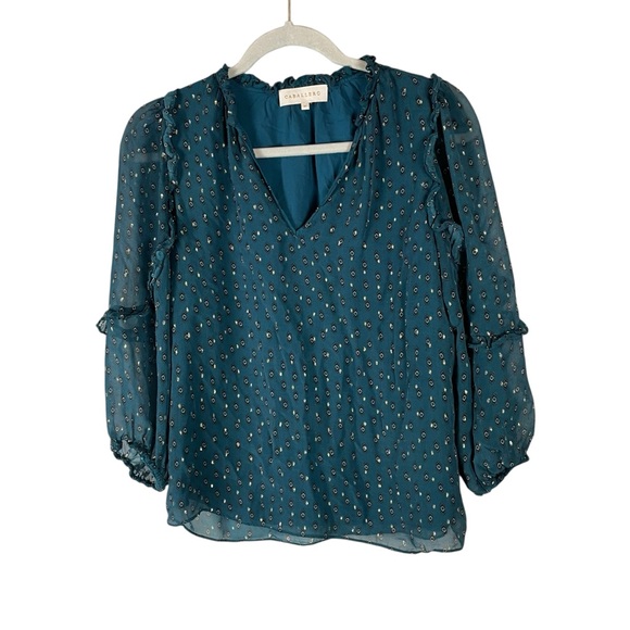 Caballero Blue Silk Metallic Dot Sheer Ruffle Blouse Medium - Picture 3 of 6